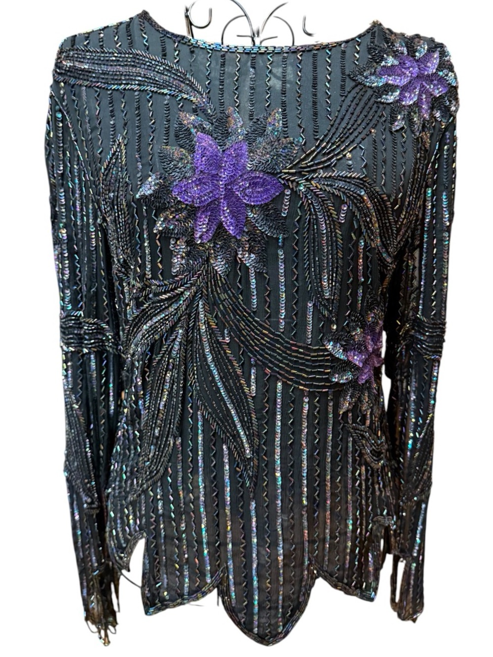 Vintage Chetan Creations Silk Black Beaded Top Purple Iridescent Accents Small